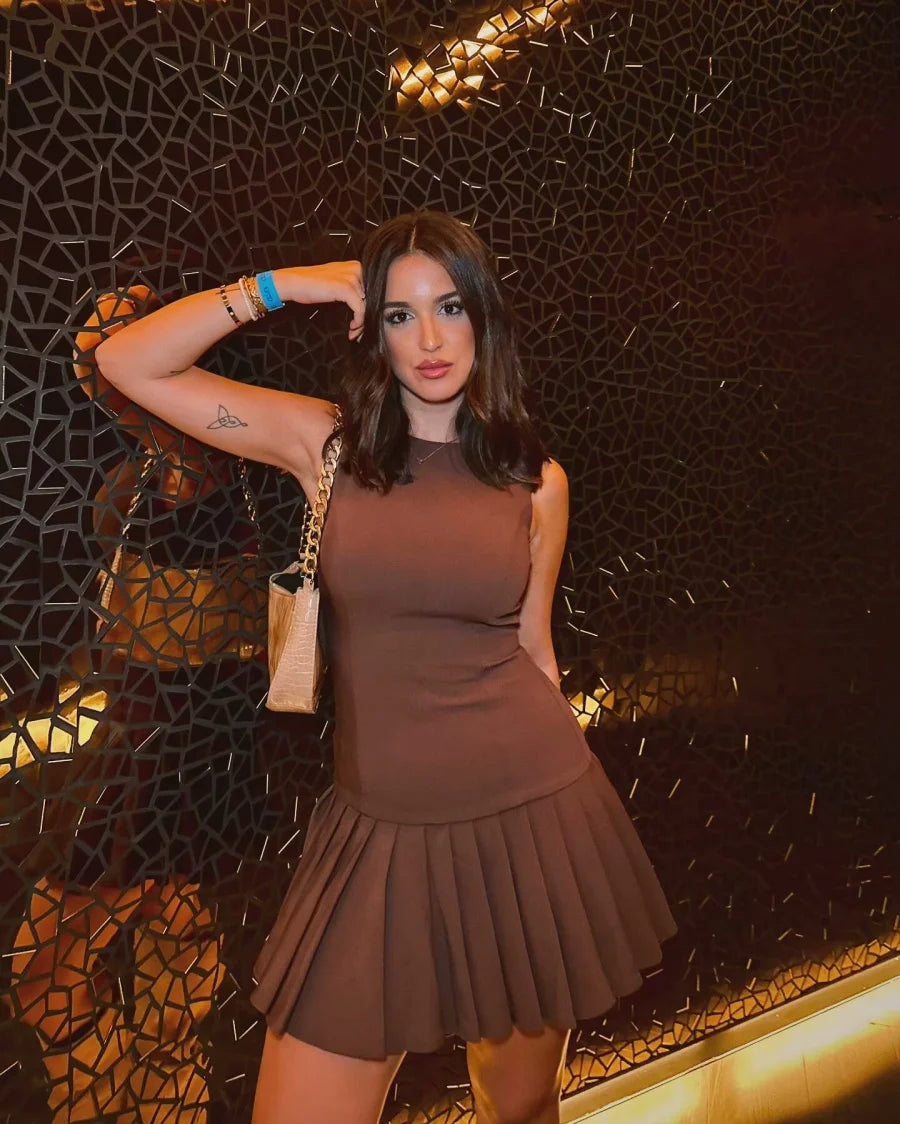 3D Cutout Mini Dresses Women 2025 New Product Pleated Skirt Design Brown