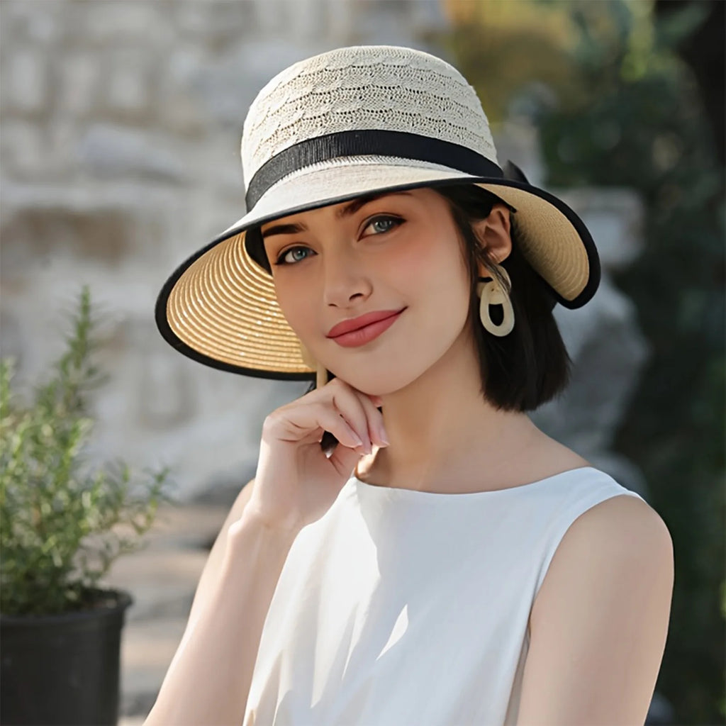 Summer Beach Straw Sun Hat Breathable French Style with Bowknot