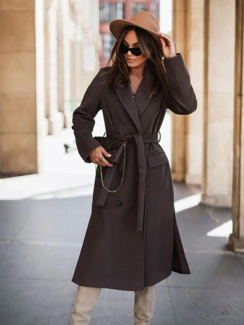 Bestseller Women's Wool Blend Blazer, Long Sleeve Lapel Coat with Tie Belt, Minimalis