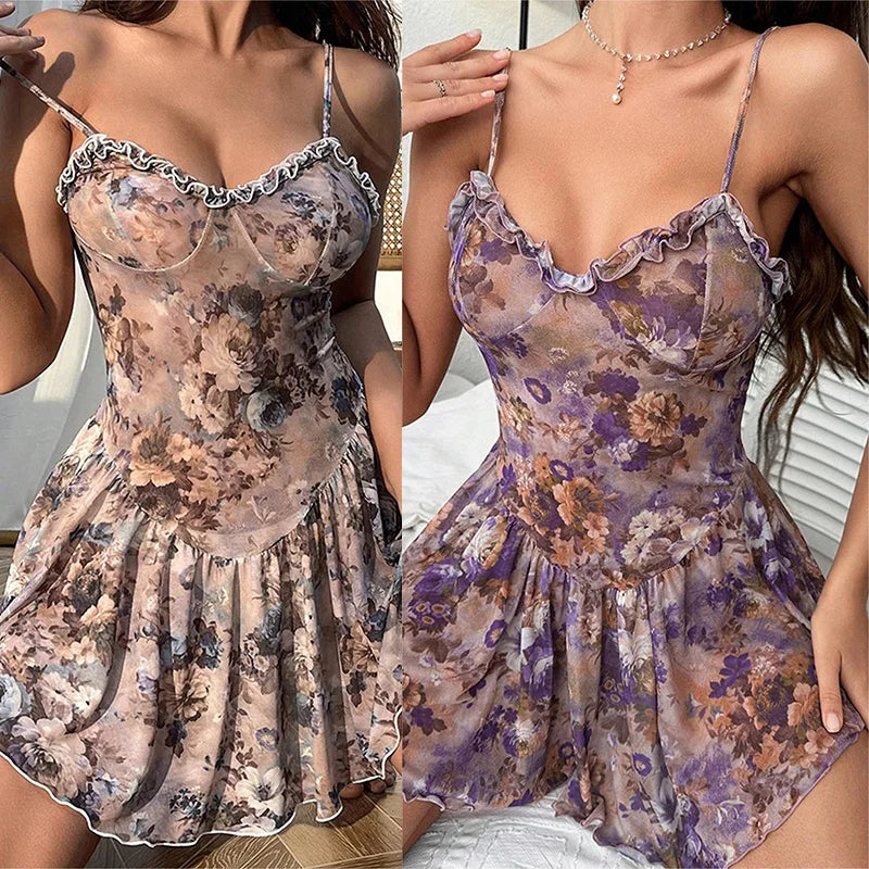 Ordinary nightgown Strap tight and comfortable high-end pure floral dress sexy
