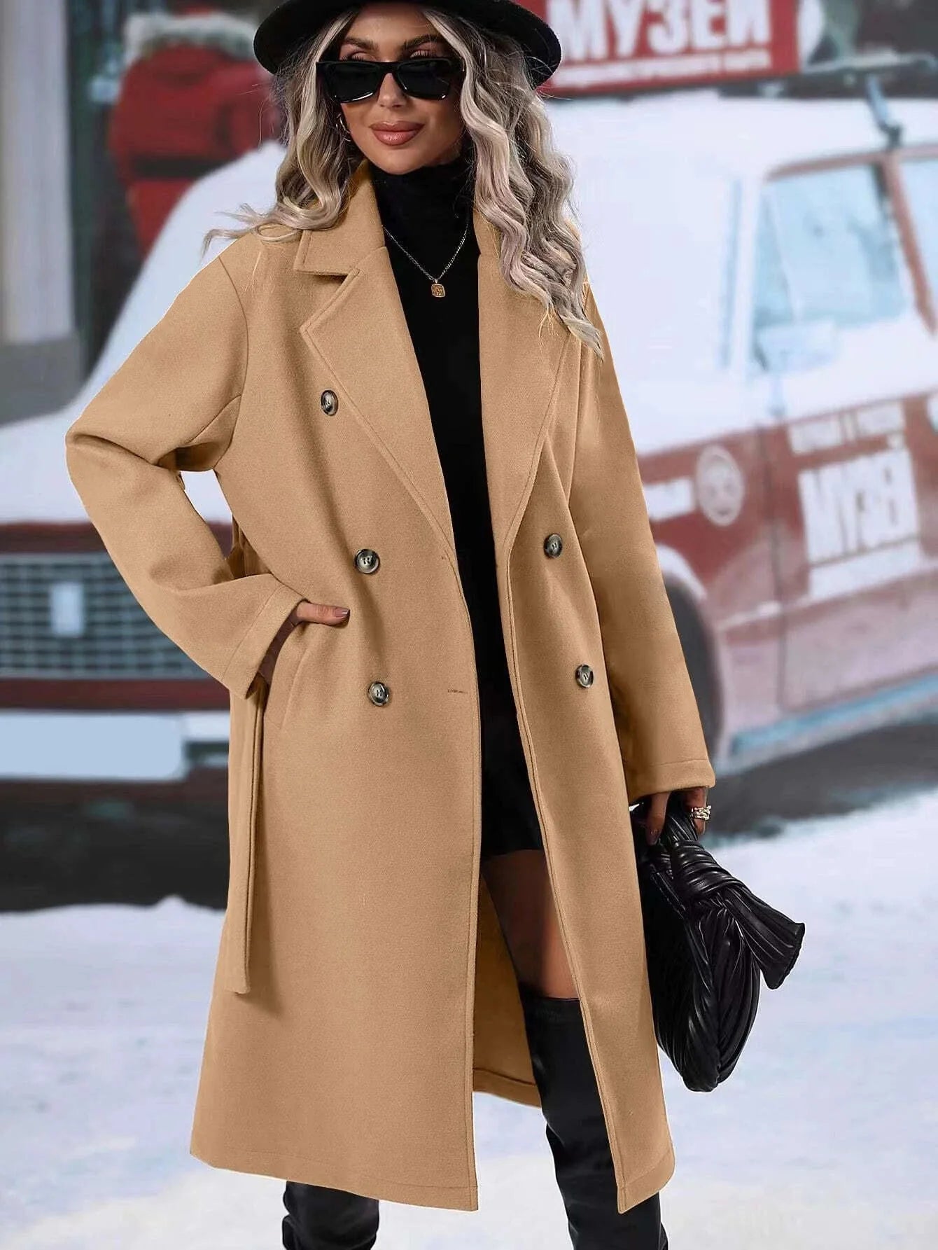 2025 Women's Double Breasted Wool Coat, Belted Trench with Lapel, New Autumn Winter Long Overcoat