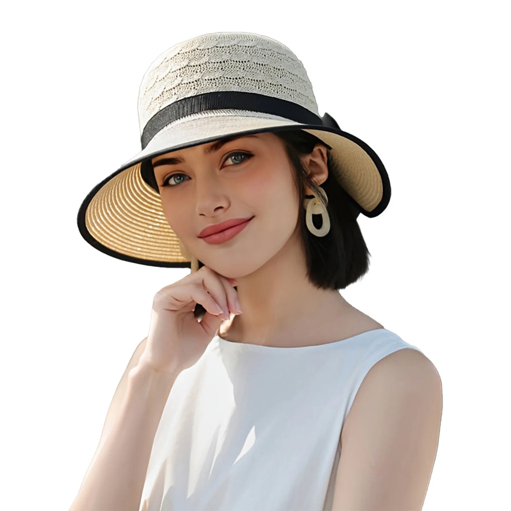 Summer Beach Straw Sun Hat Breathable French Style with Bowknot