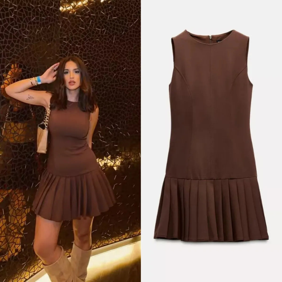 3D Cutout Mini Dresses Women 2025 New Product Pleated Skirt Design Brown
