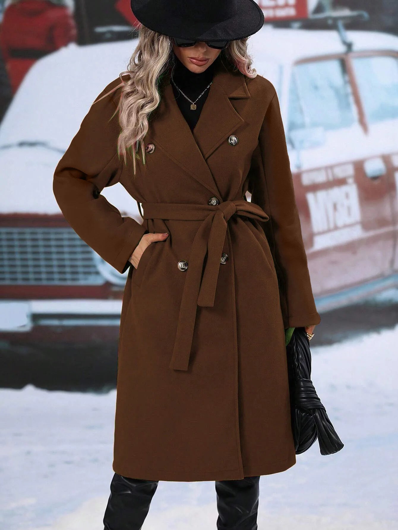 2025 Women's Double Breasted Wool Coat, Belted Trench with Lapel, New Autumn Winter Long Overcoat