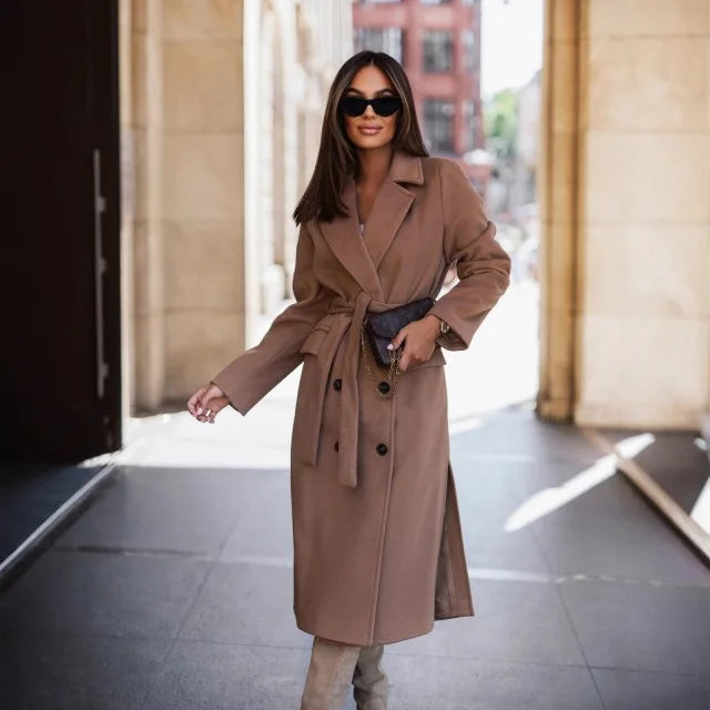 Bestseller Women's Wool Blend Blazer, Long Sleeve Lapel Coat with Tie Belt, Minimalis