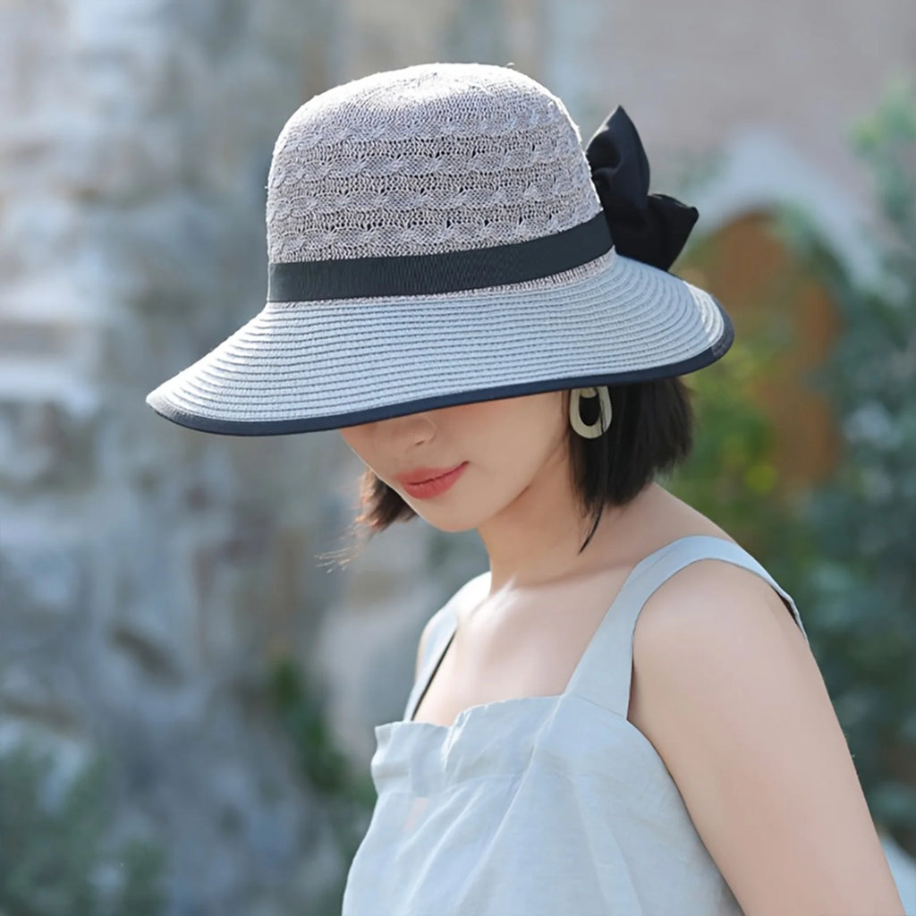 Summer Beach Straw Sun Hat Breathable French Style with Bowknot