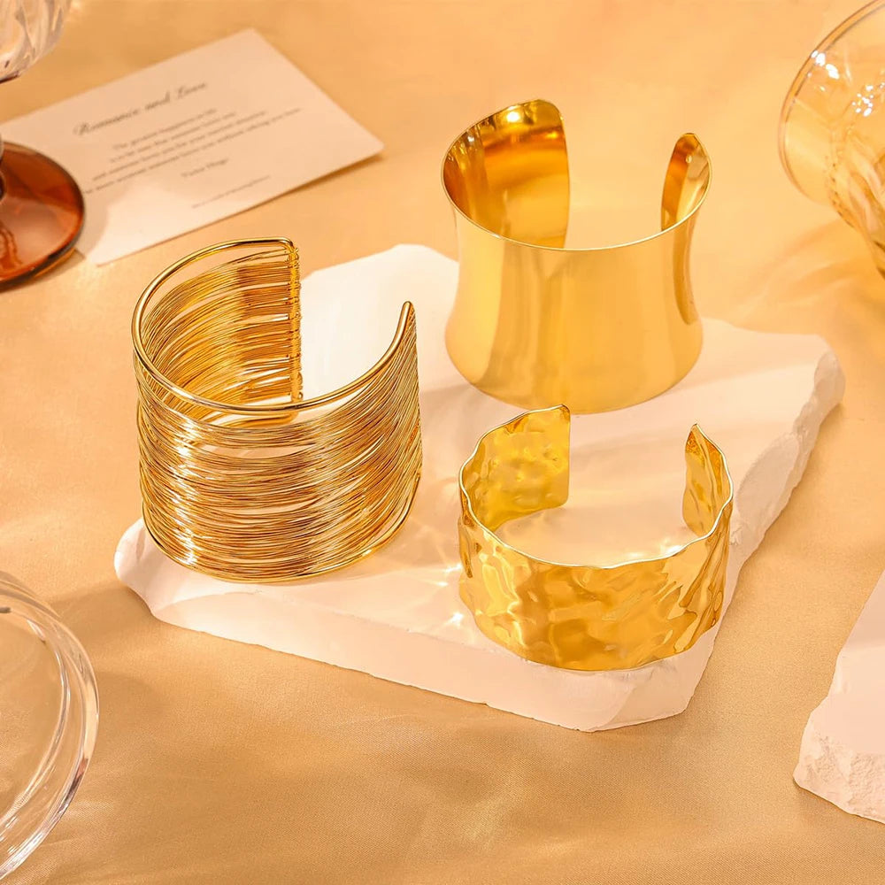 FTCY 3PCS Chunky Gold Color Cuff Bracelets for Women Irregular Minimalist Bangle Bracelets Set Open Wide Bangle Arm Cuff Jewelry