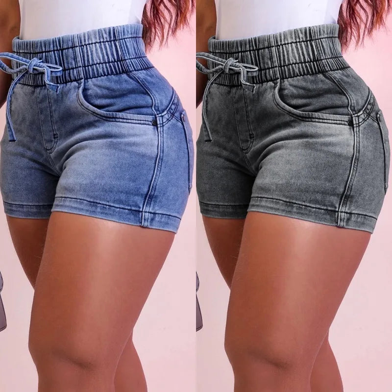 Women Summer Denim Shorts Ladies Elastic Waist Bandage Jeans Skinny