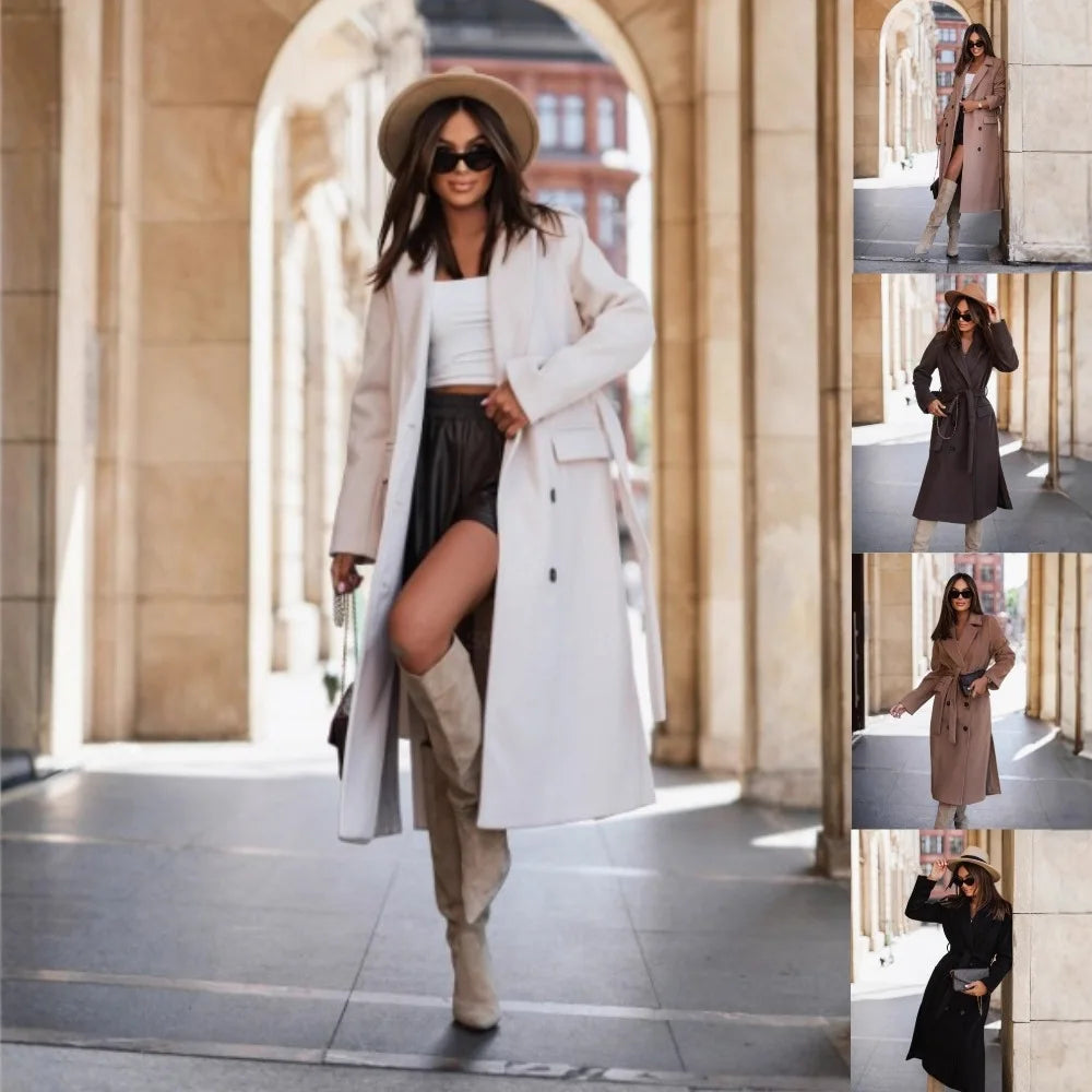 Bestseller Women's Wool Blend Blazer, Long Sleeve Lapel Coat with Tie Belt, Minimalis