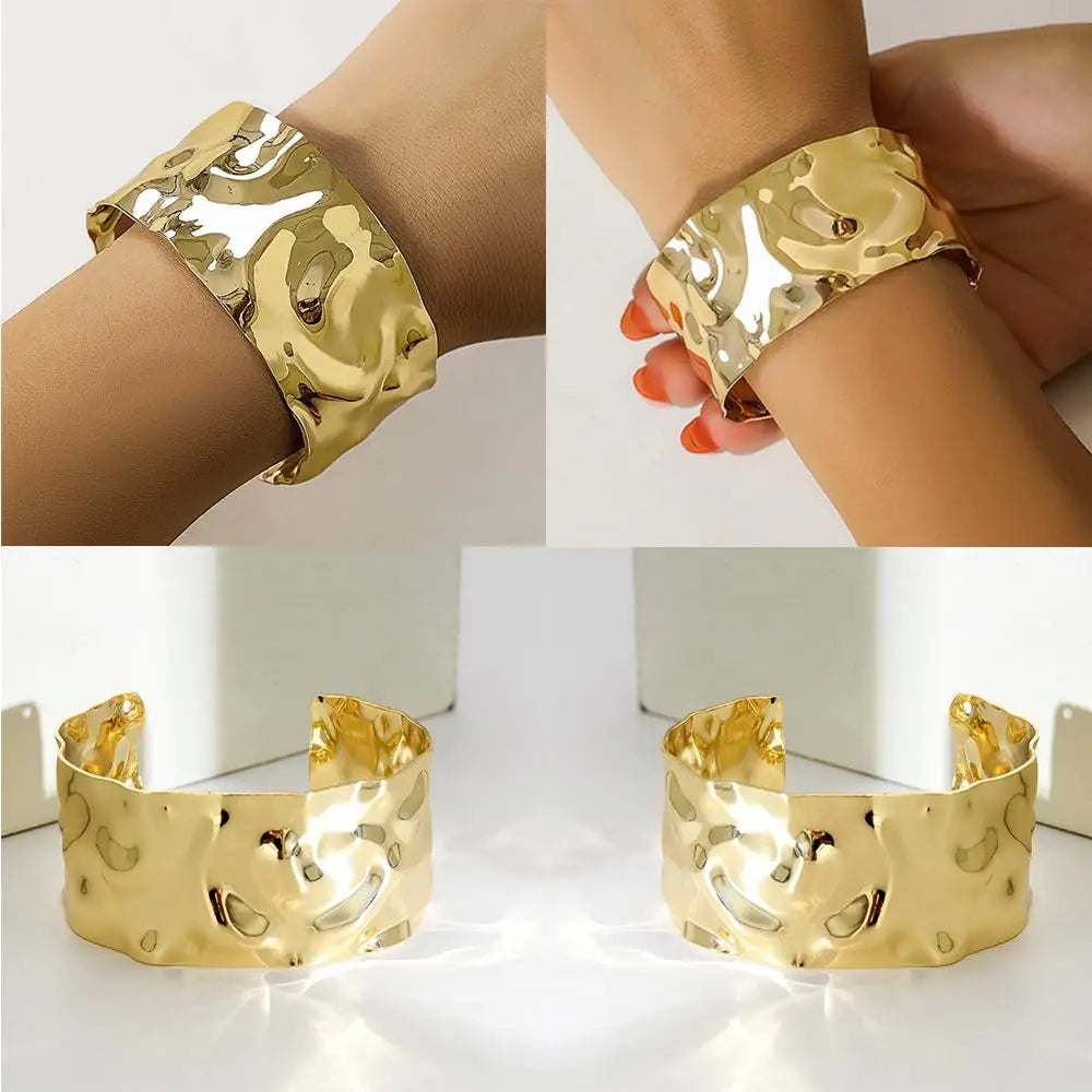 FTCY 3PCS Chunky Gold Color Cuff Bracelets for Women Irregular Minimalist Bangle Bracelets Set Open Wide Bangle Arm Cuff Jewelry