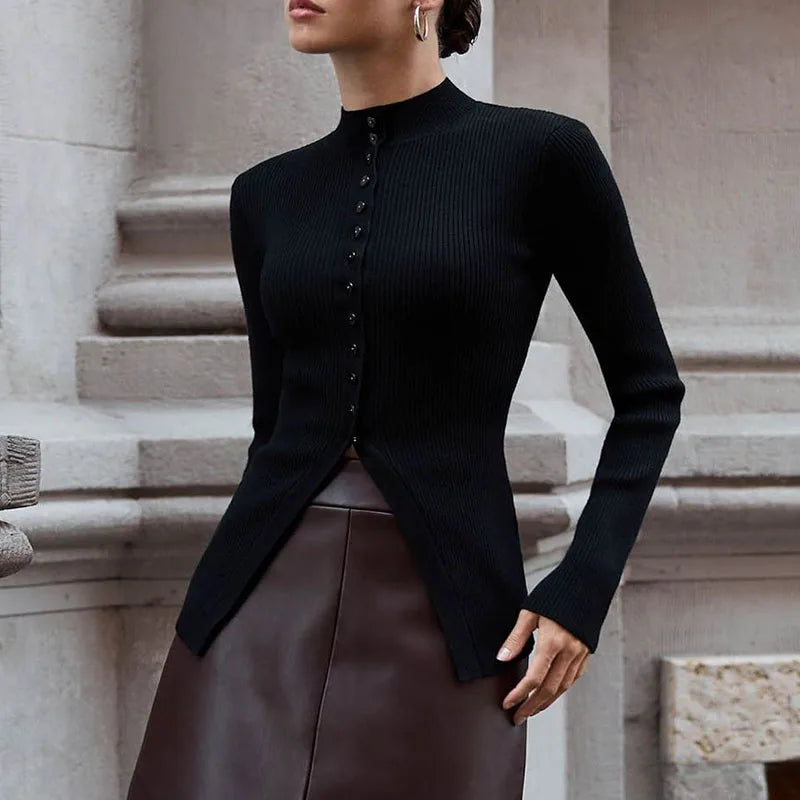 Women Long Sleeve Buttons Sweaters Solid Color Female Ribbed Knitwear Stand Collar Slim