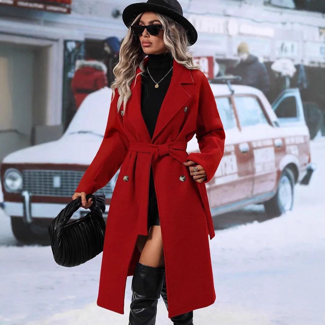 2025 Women's Double Breasted Wool Coat, Belted Trench with Lapel, New Autumn Winter Long Overcoat