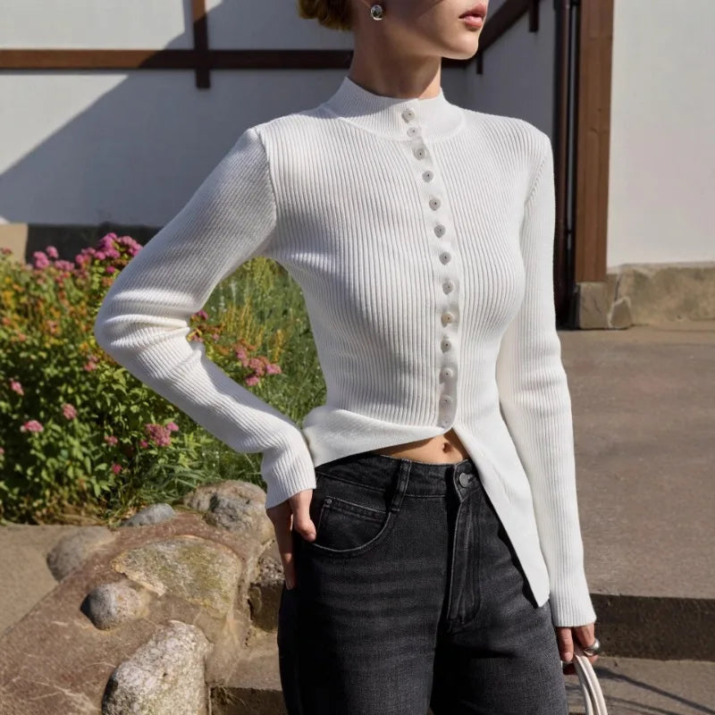 Women Long Sleeve Buttons Sweaters Solid Color Female Ribbed Knitwear Stand Collar Slim