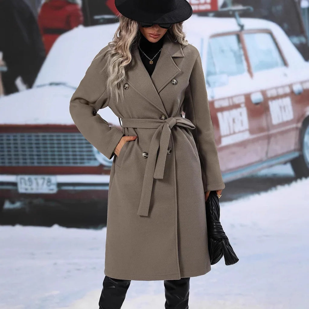 2025 Women's Double Breasted Wool Coat, Belted Trench with Lapel, New Autumn Winter Long Overcoat