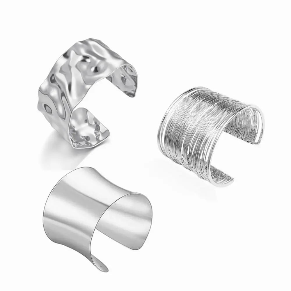 FTCY 3PCS Chunky Gold Color Cuff Bracelets for Women Irregular Minimalist Bangle Bracelets Set Open Wide Bangle Arm Cuff Jewelry