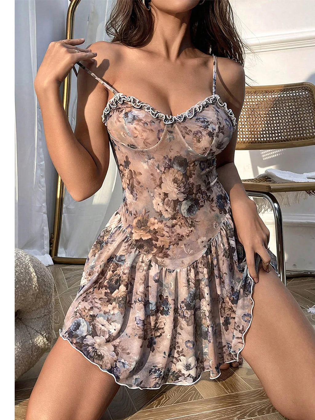 Ordinary nightgown Strap tight and comfortable high-end pure floral dress sexy