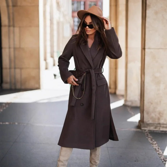 Bestseller Women's Wool Blend Blazer, Long Sleeve Lapel Coat with Tie Belt, Minimalis