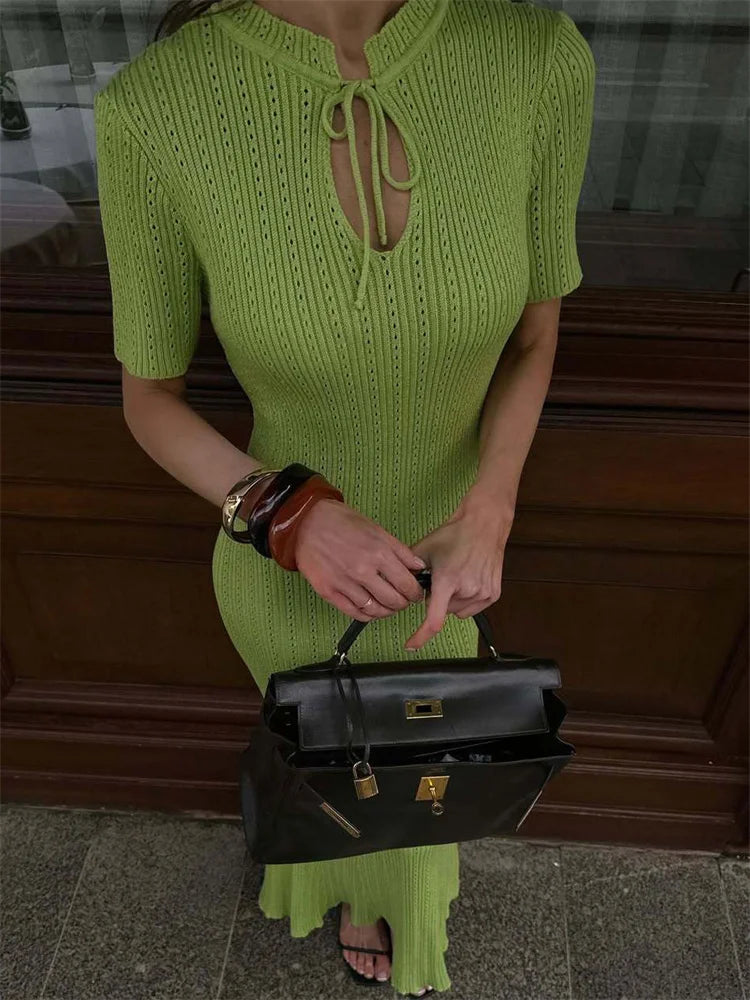 Tossy Knit Hollow Out Lace-Up Dress Female Ribbed Short Sleeve Patchwork High Waist Elegant Long Dress Women's Knitwear Dress