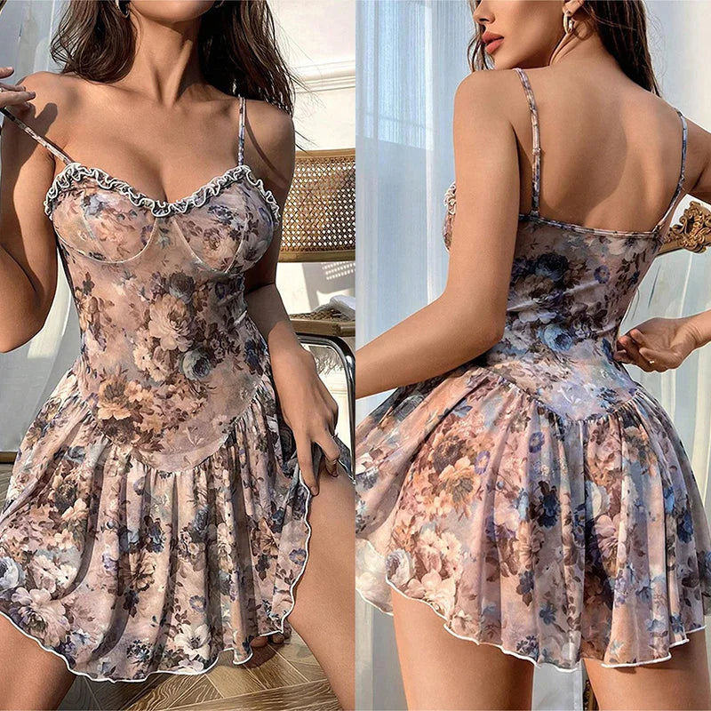 Ordinary nightgown Strap tight and comfortable high-end pure floral dress sexy