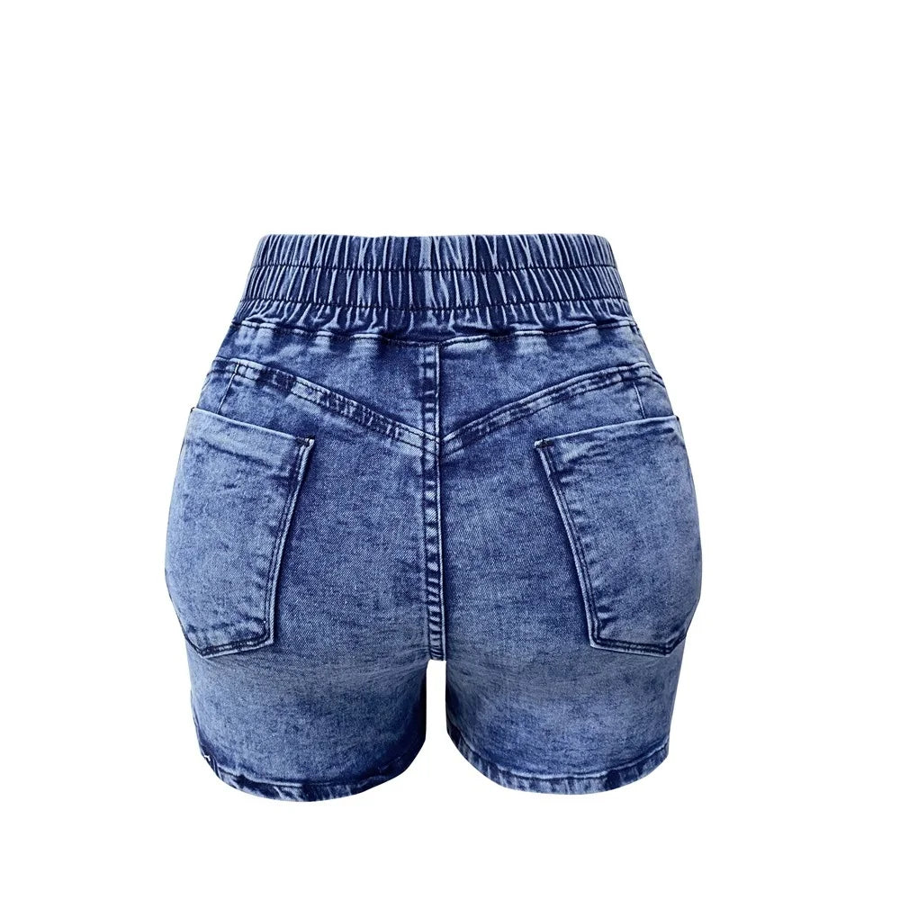 Women Summer Denim Shorts Ladies Elastic Waist Bandage Jeans Skinny