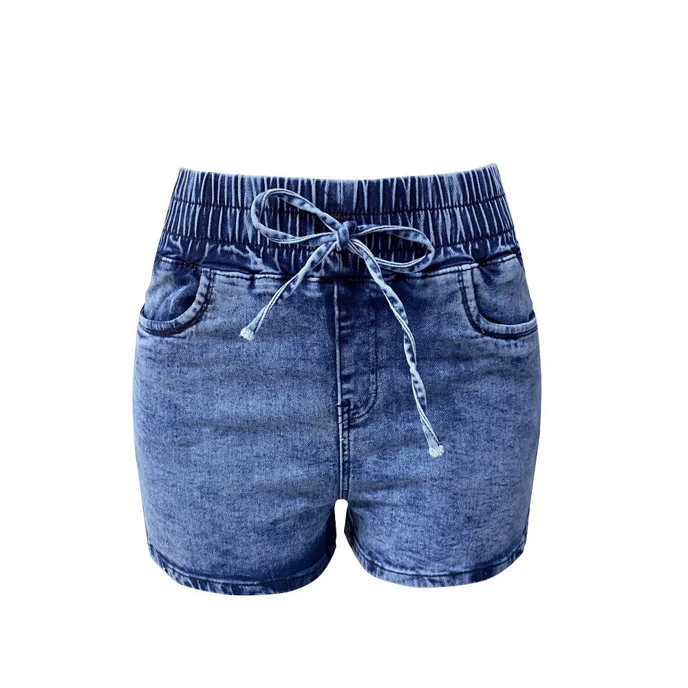 Women Summer Denim Shorts Ladies Elastic Waist Bandage Jeans Skinny