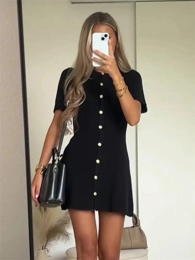 Women Legance Street Slim High Waist Short Sleeve Rib Sweater Dresses Vacation Bodycon Knitwear Dress