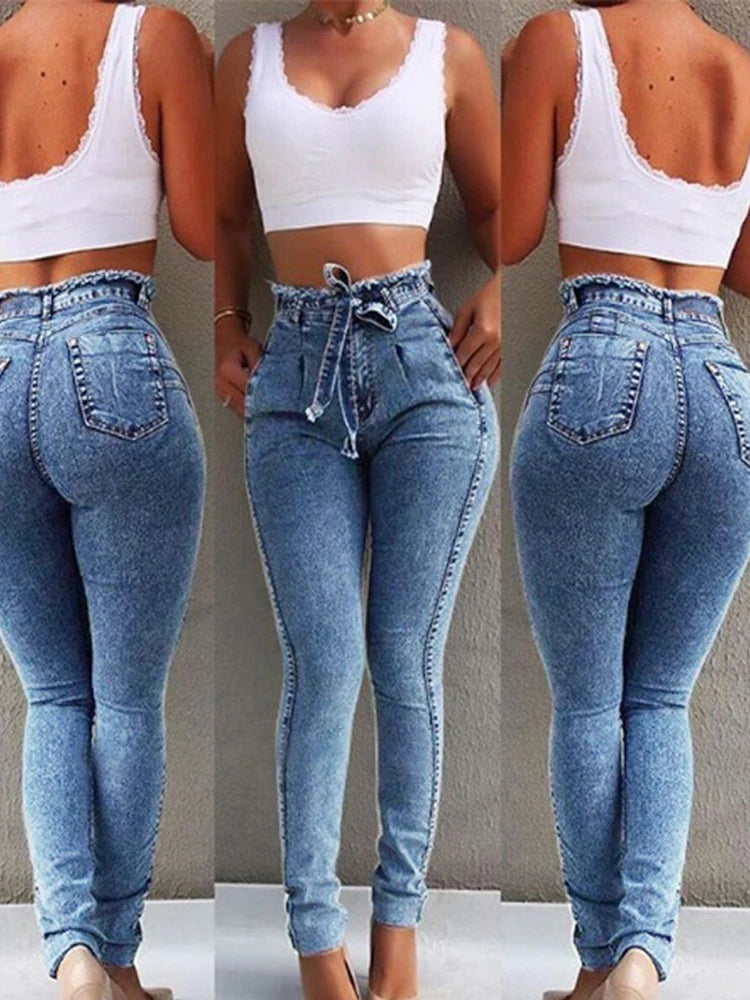 High Waist Jeans For Women Slim Stretch Denim Jean Bodycon Tassel Belt Bandage Skinny Push Up Jeans Woman clothe 4XL 5XL